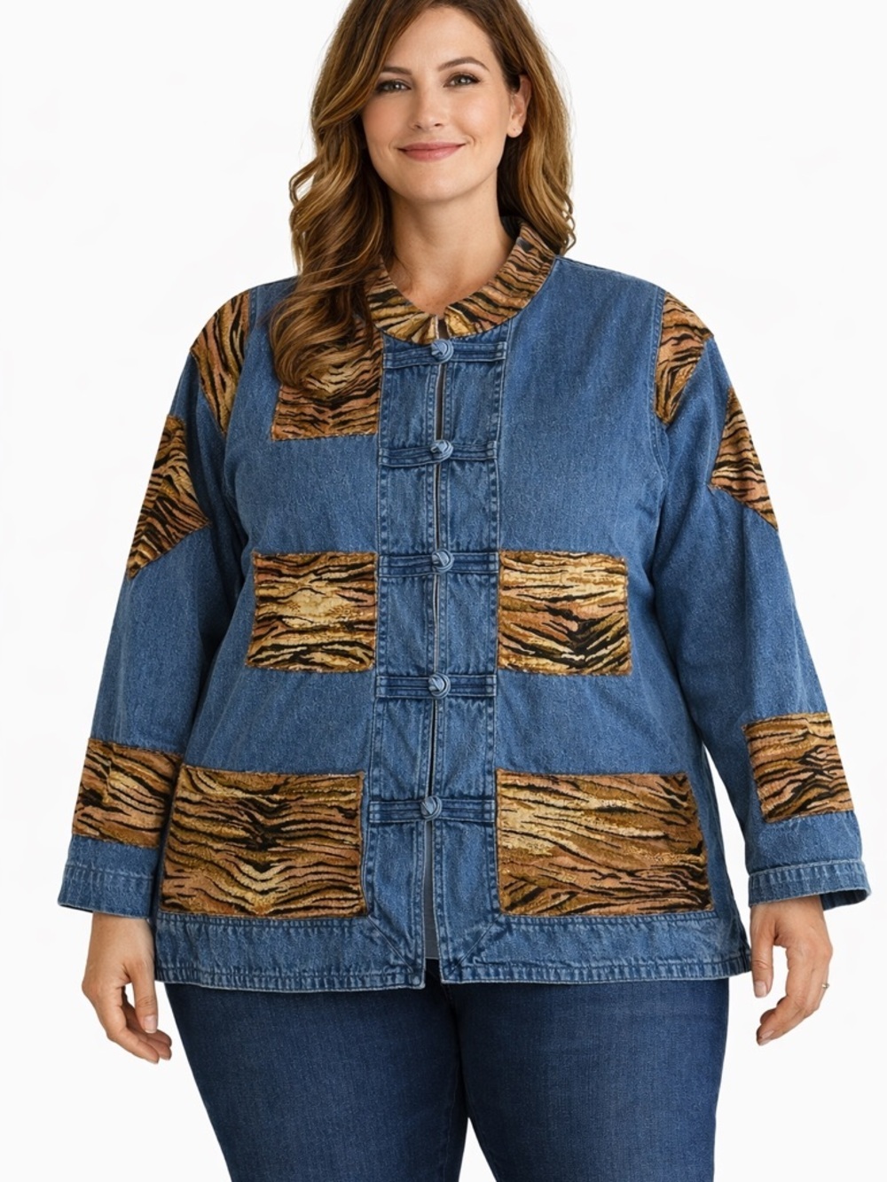 Keren Hart Women's Denim Jacket 2XL Blue Tiger Patchwork
Button Front Statement